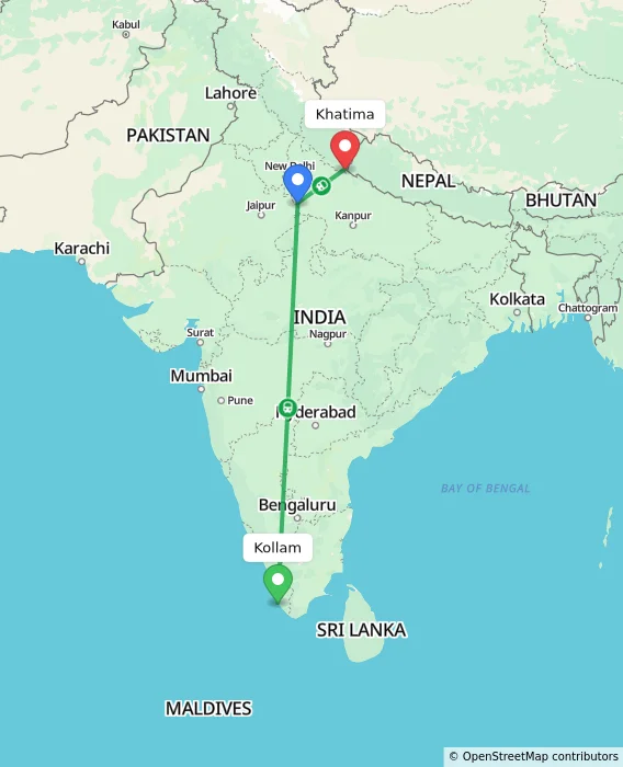 Route map showing distance and travel time from Kollam, India to Khatima, India