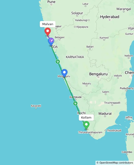 Route map showing distance and travel time from Kollam, India to Malvan, India