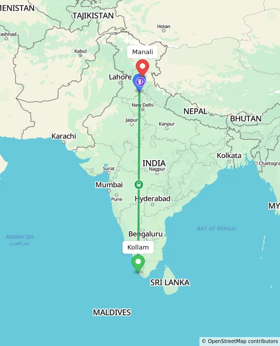 Route map showing distance and travel time from Kollam, India to Manali, India