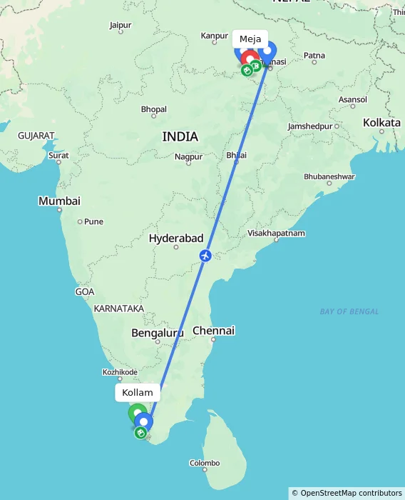 Route map showing distance and travel time from Kollam, India to Meja, India
