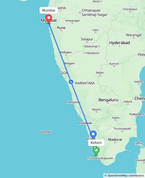 Route map showing distance and travel time from Kollam, India to Mumbai, India