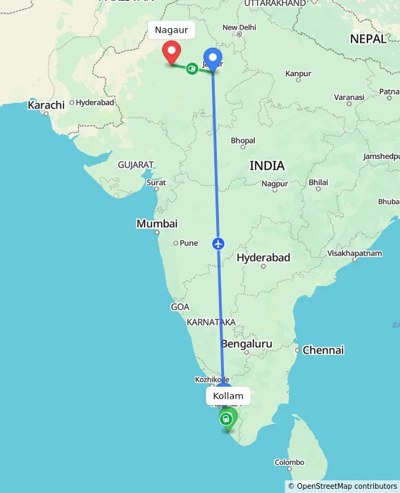 Route map showing distance and travel time from Kollam, India to Nagaur, India