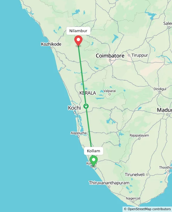 Route map showing distance and travel time from Kollam, India to Nilambur, India