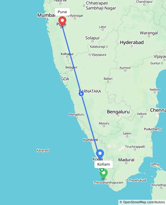 Route map showing distance and travel time from Kollam, India to Pune, India