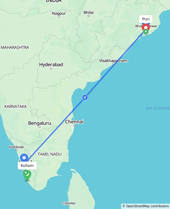 Route map showing distance and travel time from Kollam, India to Puri, India