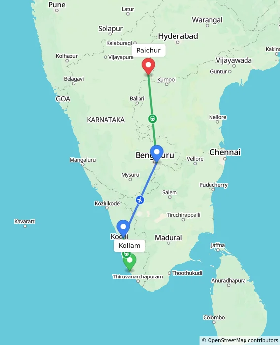 Route map showing distance and travel time from Kollam, India to Raichur, India