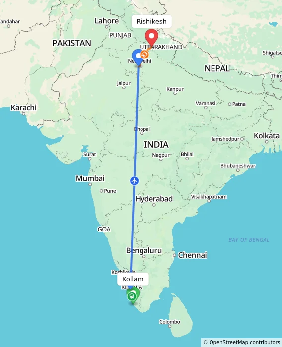 Route map showing distance and travel time from Kollam, India to Rishikesh, India