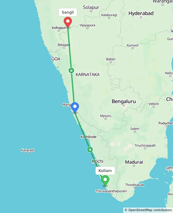 Route map showing distance and travel time from Kollam, India to Sangli, India
