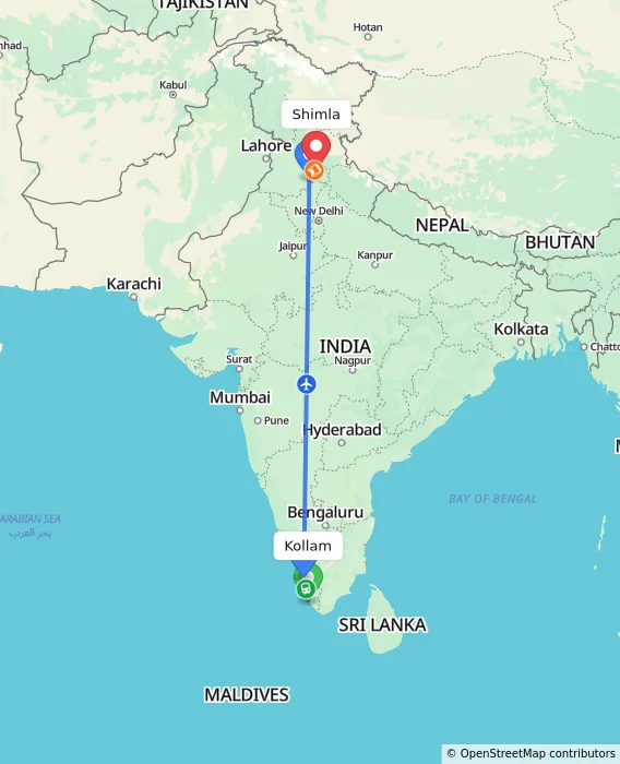Route map showing distance and travel time from Kollam, India to Shimla, India