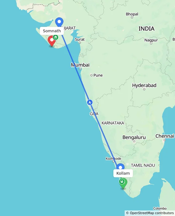 Route map showing distance and travel time from Kollam, India to Somnath, India
