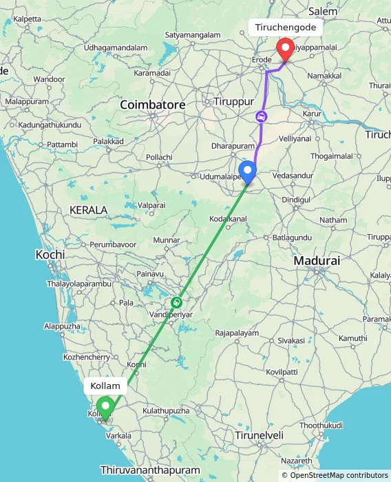 Route map showing distance and travel time from Kollam, India to Tiruchengode, India