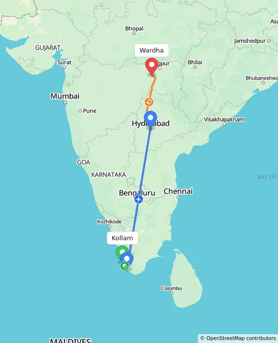 Route map showing distance and travel time from Kollam, India to Wardha, India