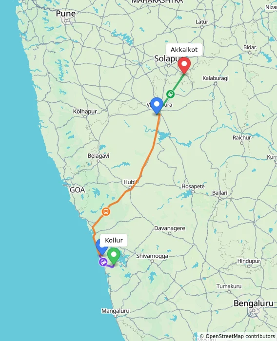 Route map showing distance and travel time from Kollur, India to Akkalkot, India