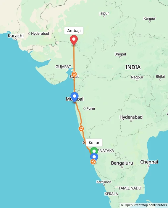 Route map showing distance and travel time from Kollur, India to Ambaji, India