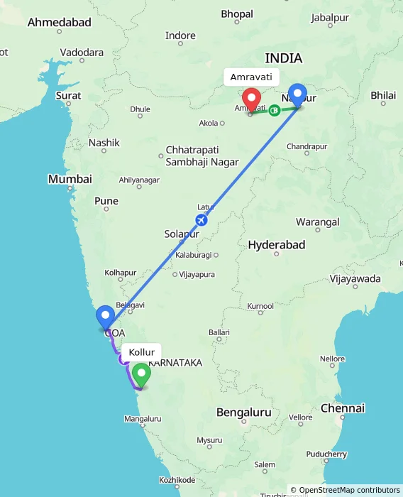 Route map showing distance and travel time from Kollur, India to Amravati, India