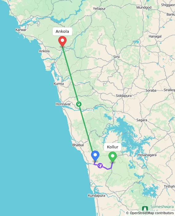 Route map showing distance and travel time from Kollur, India to Ankola, India