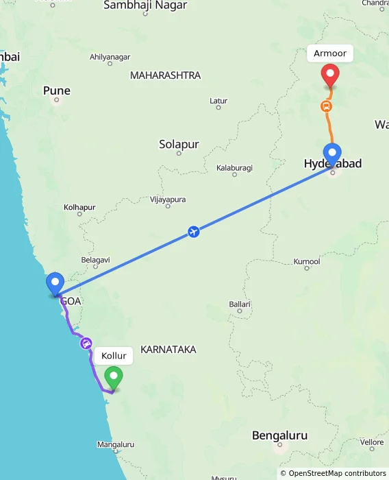 Route map showing distance and travel time from Kollur, India to Armoor, India