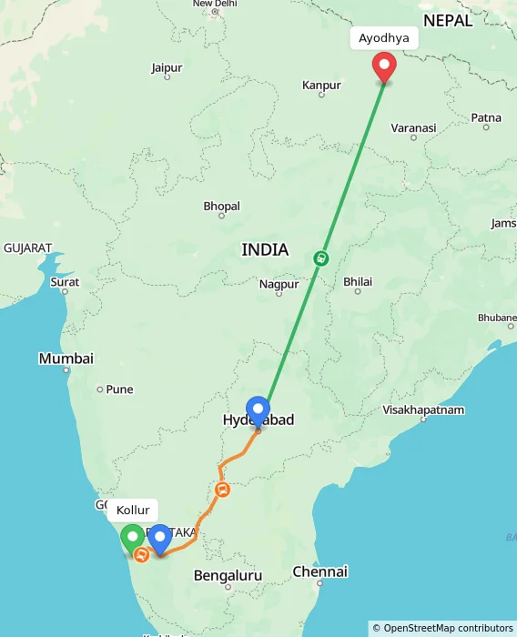 Route map showing distance and travel time from Kollur, India to Ayodhya, India