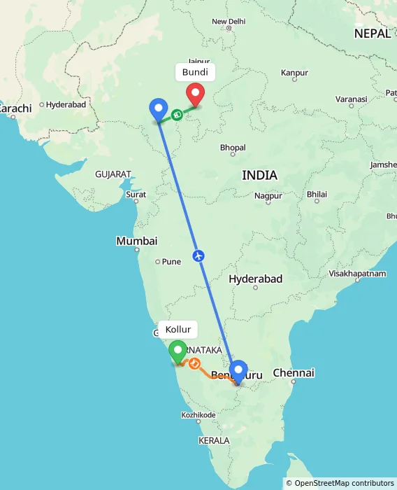 Route map showing distance and travel time from Kollur, India to Bundi, India
