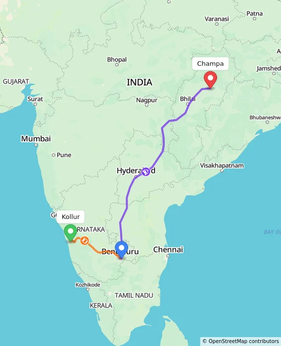 Route map showing distance and travel time from Kollur, India to Champa, India