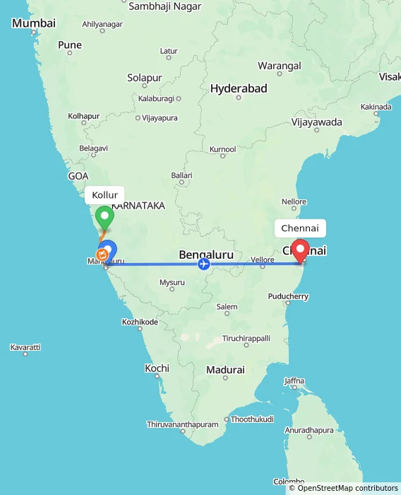 Route map showing distance and travel time from Kollur, India to Chennai, India
