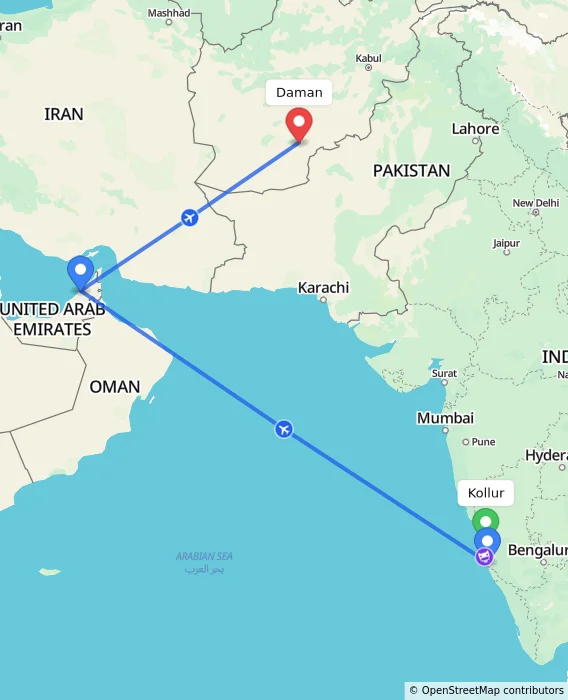Route map showing distance and travel time from Kollur, India to Daman, Afghanistan