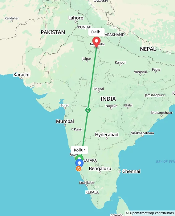 Route map showing distance and travel time from Kollur, India to Delhi, India