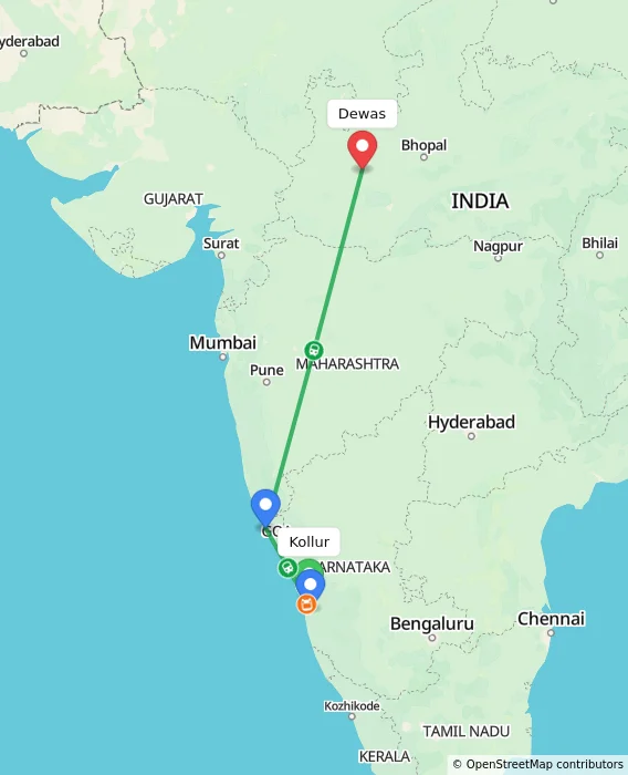 Route map showing distance and travel time from Kollur, India to Dewas, India
