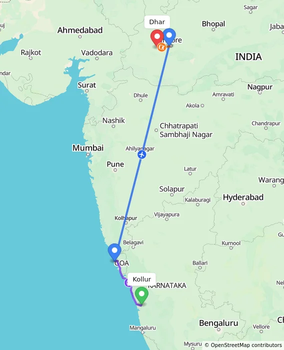 Route map showing distance and travel time from Kollur, India to Dhar, India