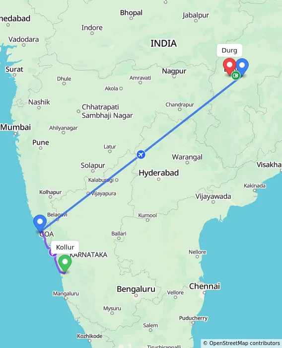 Route map showing distance and travel time from Kollur, India to Durg, India