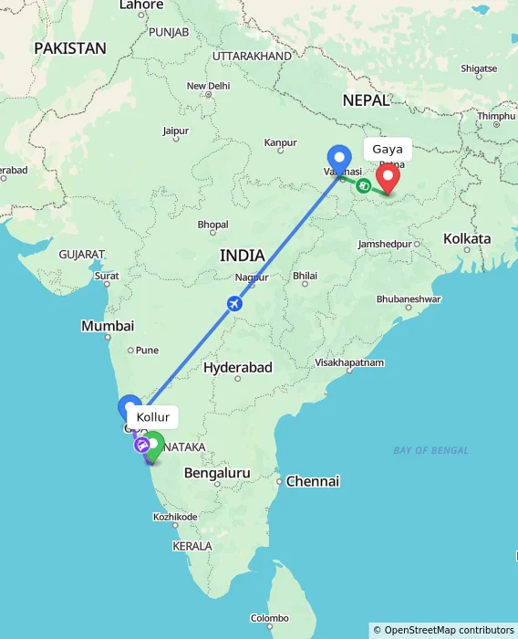 Route map showing distance and travel time from Kollur, India to Gaya, India