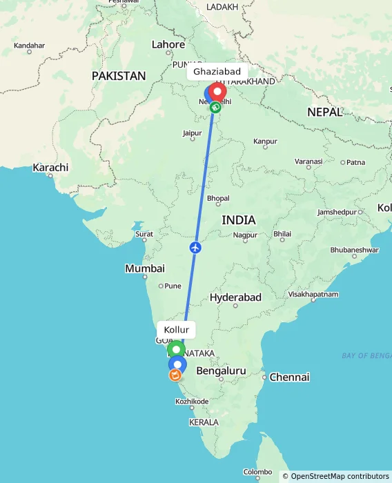 Route map showing distance and travel time from Kollur, India to Ghaziabad, India