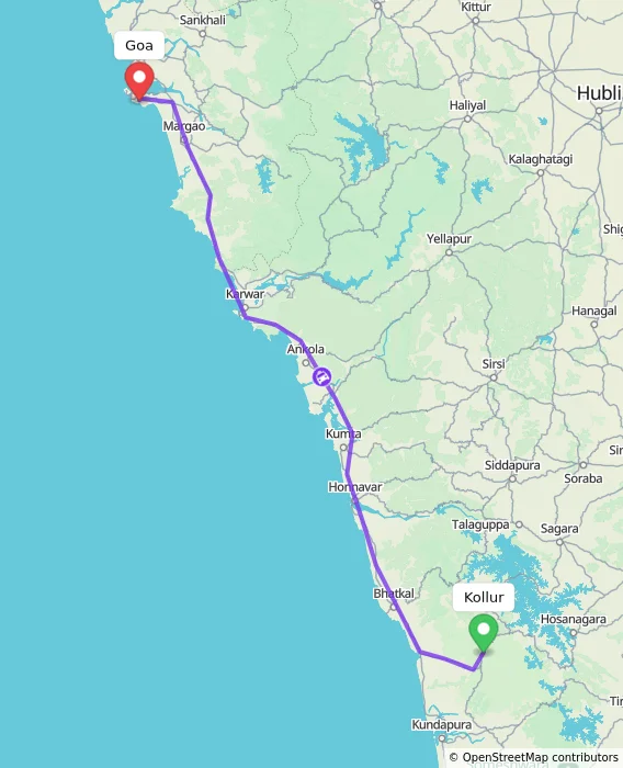 Route map showing distance and travel time from Kollur, India to Goa, India