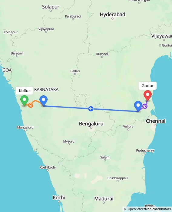 Route map showing distance and travel time from Kollur, India to Gudur, India