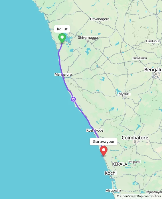 Route map showing distance and travel time from Kollur, India to Guruvayoor, India