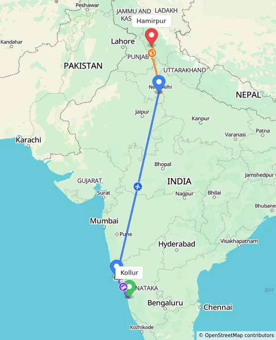 Route map showing distance and travel time from Kollur, India to Hamirpur, India