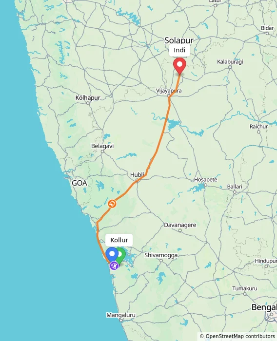 Route map showing distance and travel time from Kollur, India to Indi, India