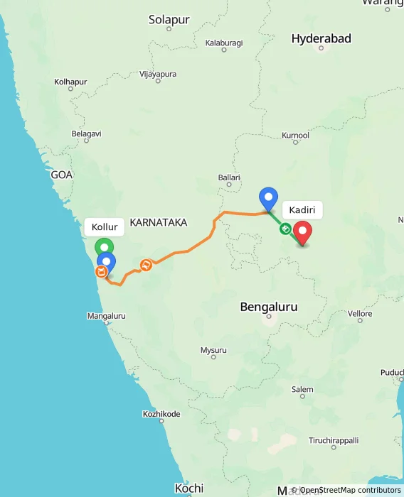 Route map showing distance and travel time from Kollur, India to Kadiri, India