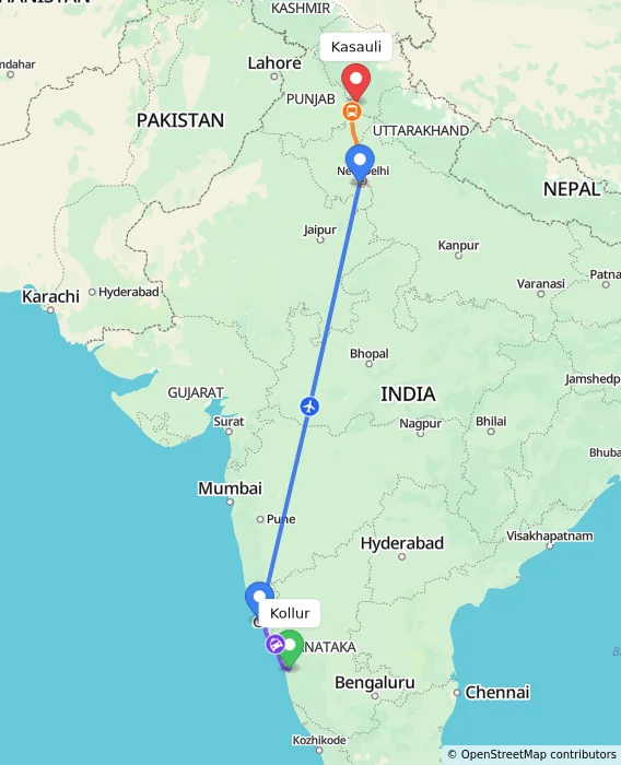 Route map showing distance and travel time from Kollur, India to Kasauli, India