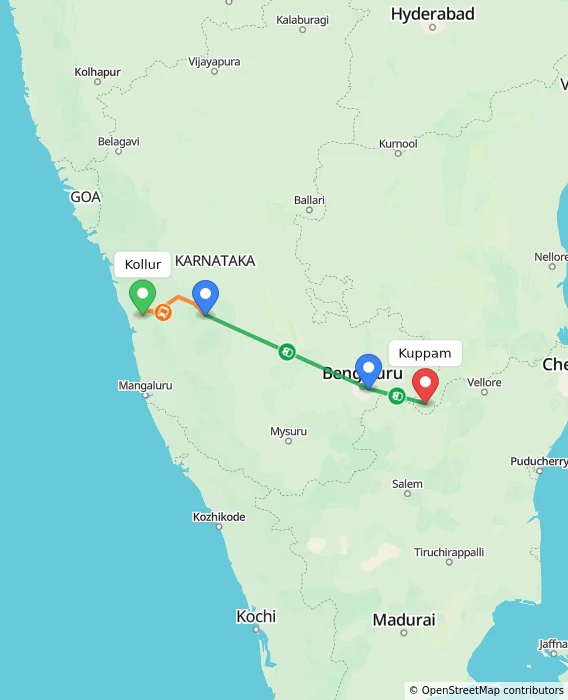 Route map showing distance and travel time from Kollur, India to Kuppam, India