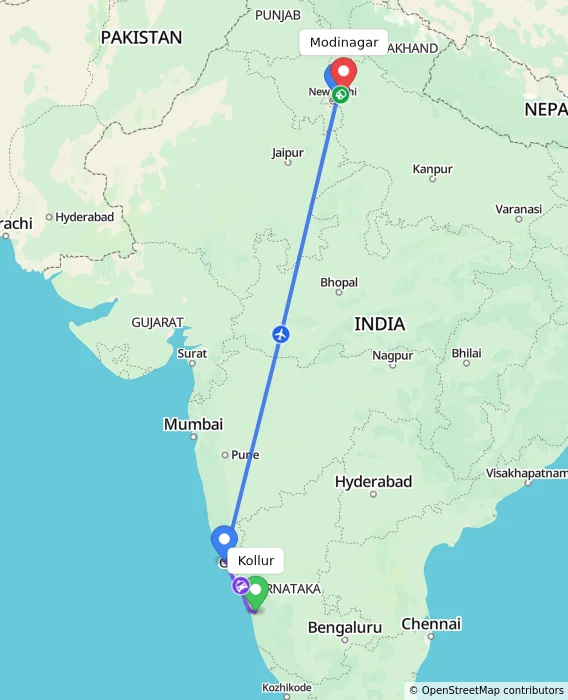 Route map showing distance and travel time from Kollur, India to Modinagar, India