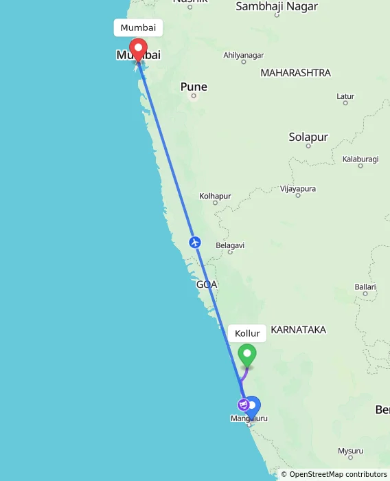 Route map showing distance and travel time from Kollur, India to Mumbai, India