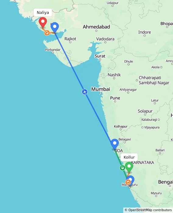 Route map showing distance and travel time from Kollur, India to Naliya, India