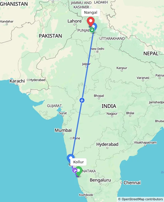 Route map showing distance and travel time from Kollur, India to Nangal, India