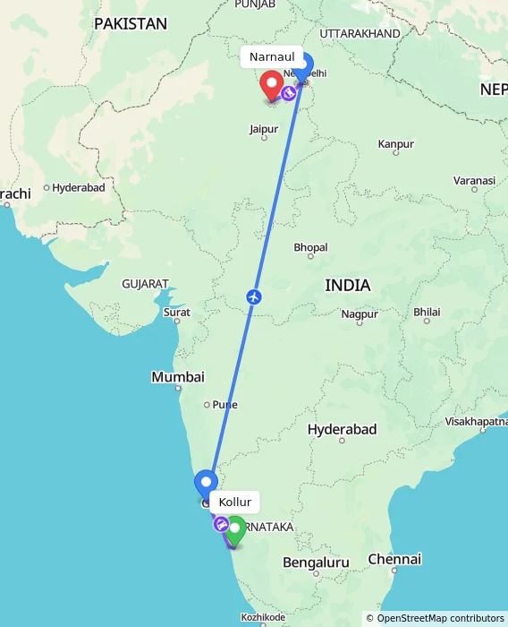Route map showing distance and travel time from Kollur, India to Narnaul, India
