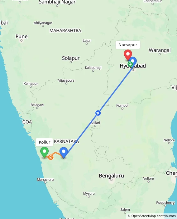 Route map showing distance and travel time from Kollur, India to Narsapur, India