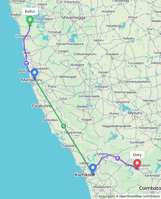 Route map showing distance and travel time from Kollur, India to Ooty, India