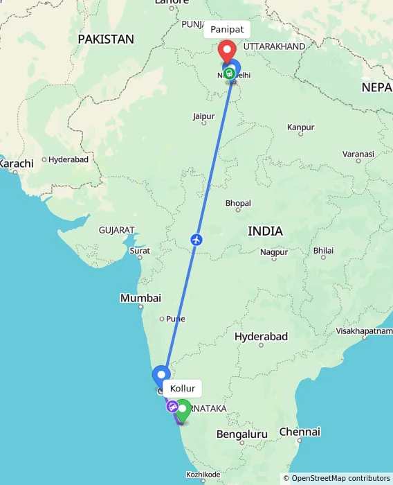 Route map showing distance and travel time from Kollur, India to Panipat, India