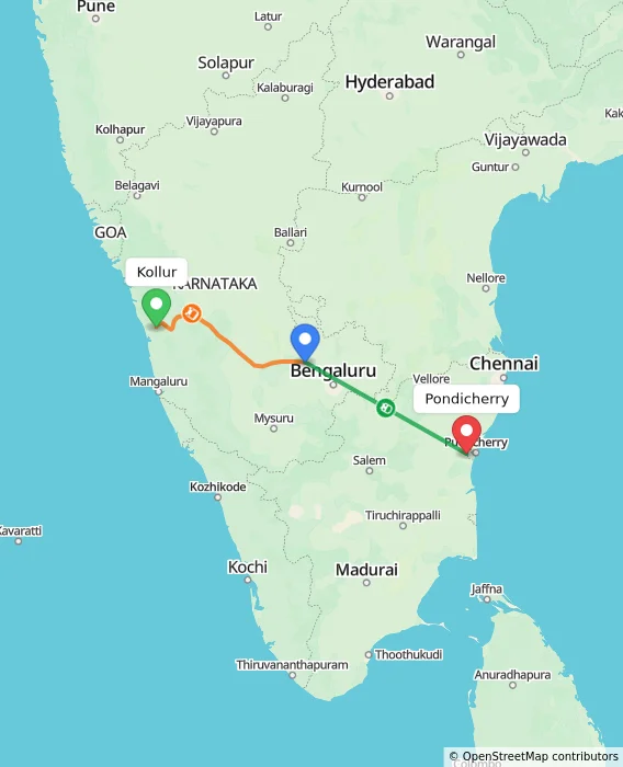 Route map showing distance and travel time from Kollur, India to Puducherry, India