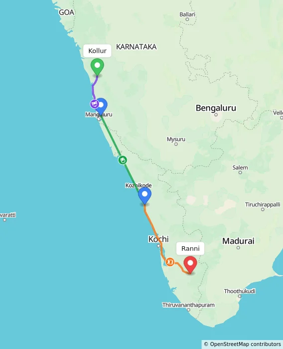 Route map showing distance and travel time from Kollur, India to Ranni, India